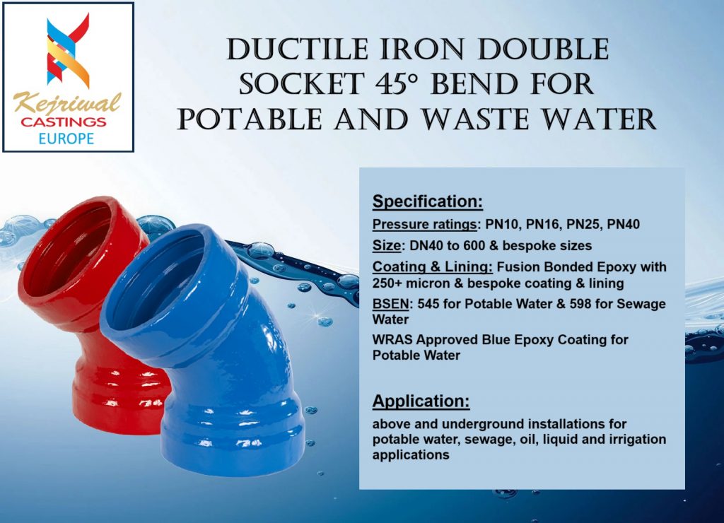 Double Socket 45 Degree Bend-Kejriwal Castings Europe. Ductile Iron Fittings. DI Fittings