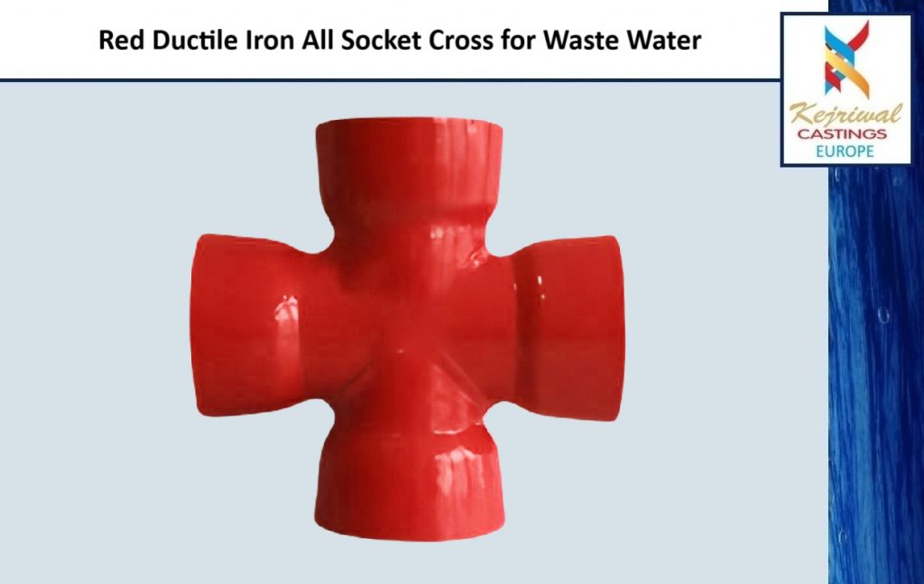 Red-Ductile-Iron-All-Socket-Cross-For-Waste-Water-Kejriwal-Castings-Europe-DI-Fittings